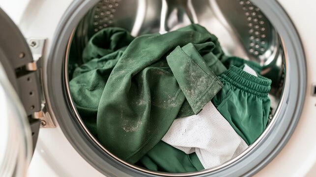 Washing machine drum filled with muddy green sports uniforms, showing dirt and grass stains on clothes
