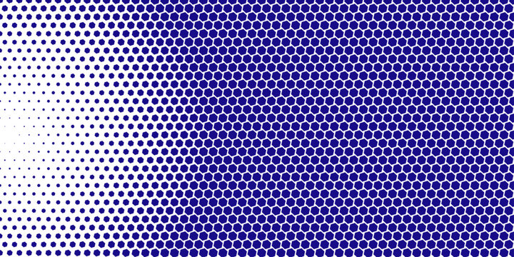 A gradient of small blue hexagonal shapes transitions from dense to sparse on a white background, creating a modern, abstract pattern.