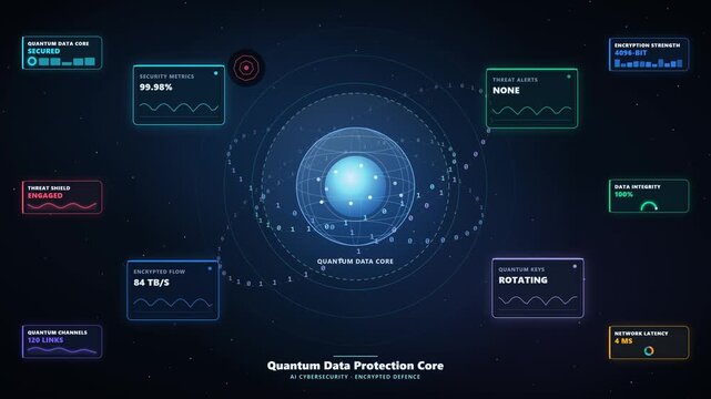 4K Animation of Quantum Data Sphere Repelling Cyber Threats with Holographic Security Metrics
