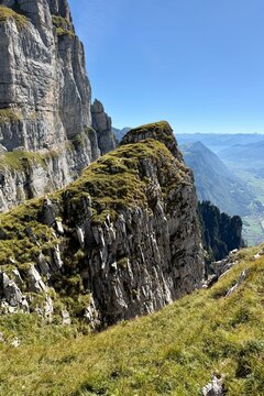 Dramatic alpine view between Hinterrugg and Ch&auml;serrugg in the Churfirsten, Switzerland, evoking mountain air, freedom, perspective and the challenge of heights.