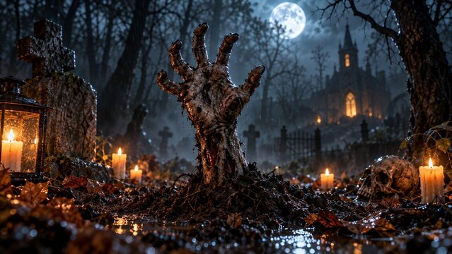Zombie hand reaching out of grave in dark cemetery at night