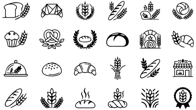 Set of black and white bakery icons featuring bread wheat croissant and pastry shop symbols