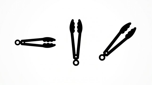 Kitchen tong icons graphic set featuring black vector silhouettes of cooking tools in various angles