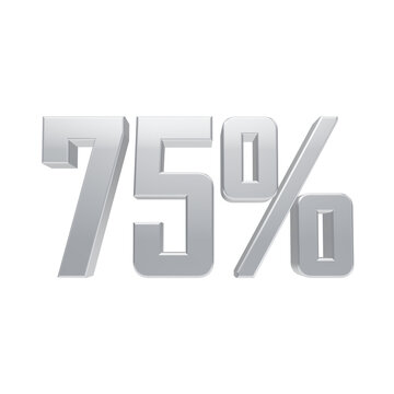 Shiny metallic 75 percent symbol with three dimensional numbers isolated on a solid dark background, seventy five percent isolated on a transparent background