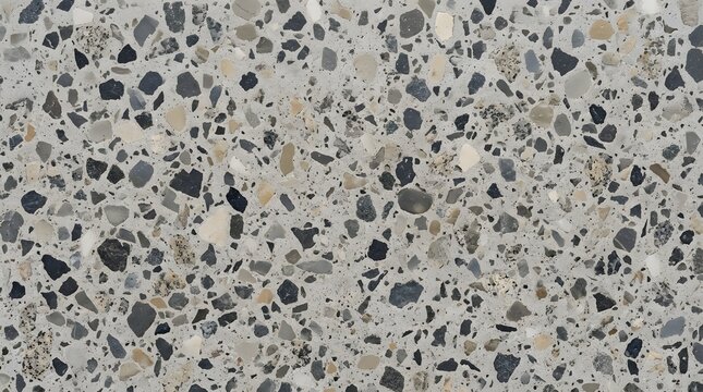 High-resolution polished terrazzo floor texture with grey concrete and natural stone aggregate background