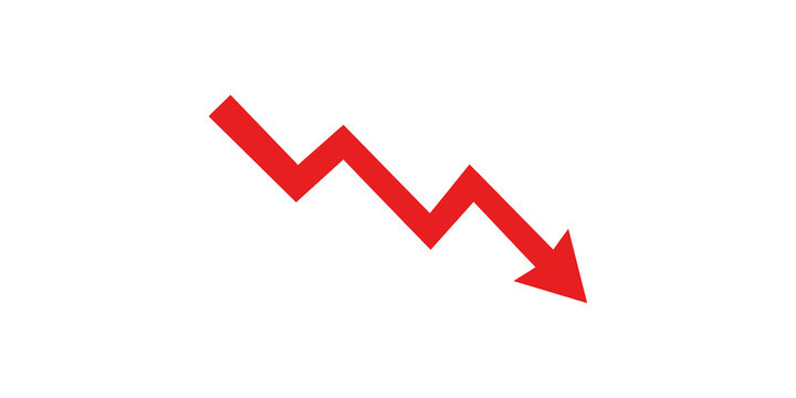 Red downward trend arrow on a transparent background for showing market decline or negative statistics.
