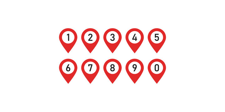 Set of numbered map pin location icons on transparent background.