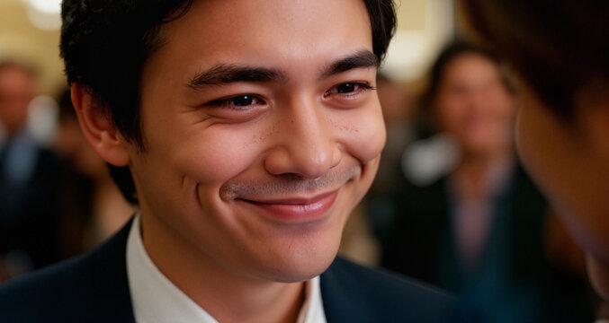 A subtle smirk appears as a message is received, a private joke in a public space.

