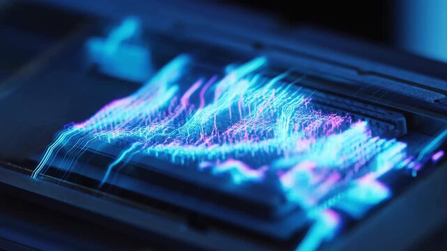 Glowing cyan and magenta data lines shimmer and fluctuate across a dark digital display, forming layered peaks, traces, and luminous wave patterns in a close oblique view
