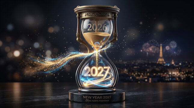 Elegant hourglass transitioning from year 2026 to new year 2027 celebration design transparent background