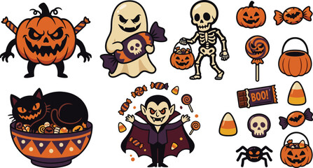 Fototapeta premium A collection of cute halloween stickers featuring a pumpkin monster ghost skeleton vampire black cat and various festive holiday themed icons