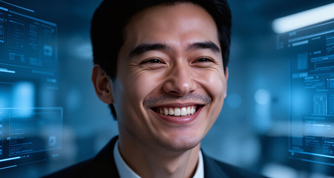 He cracks a smile, a brief flash of warmth in the cool digital landscape.
