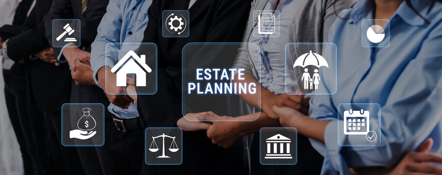 Professionals Discussing Estate Planning with Digital Icons Representing Key Concepts of Real Estate, Finance, and Legal Considerations. Glyphic.