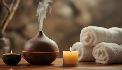 Obraz premium Serene Home Spa Atmosphere with Wooden Aromatherapy Diffuser, Misting Vapors, Lit Candles, and Stacked White Towels on Wood Surface