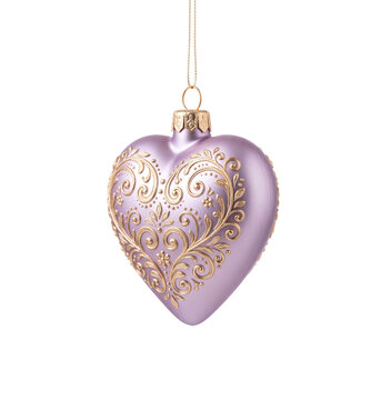 Lavender heart shaped christmas ornament with delicate gold scrollwork pattern isolated on white background ornament christmas decoration