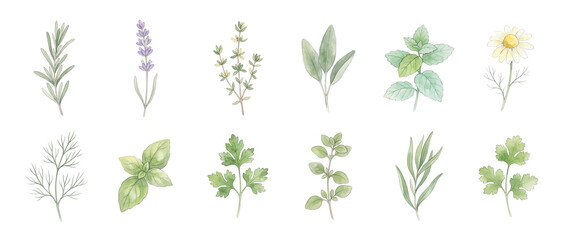 Obraz premium Watercolor herbs botanical illustration set featuring fresh culinary plants like rosemary basil mint lavender sage parsley thyme chamomile and oregano isolated on black background for organic cooking