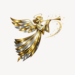 Fototapeta premium Golden angelic woman playing trumpet, elegant winged illustration on white