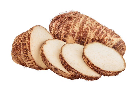 fresh taro root sliced with leaf isolated on white background