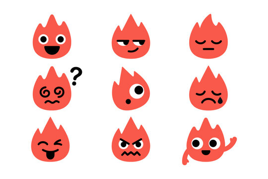 Set of cute flame character emojis with various facial expressions, vector illustration of funny fire icons