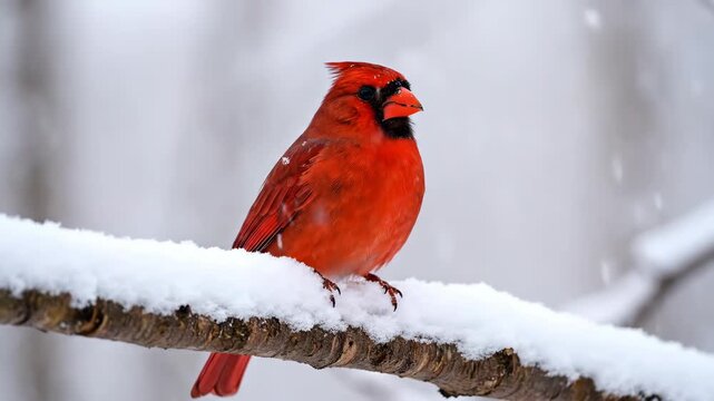 Red cardinal perched on snowy branch in soft winter light