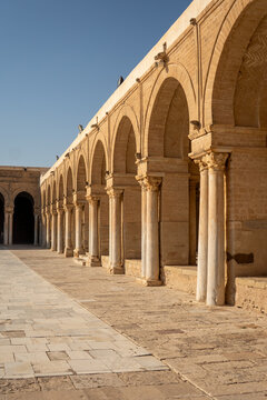 Repurposed Roman columns supporting the patio around the courtyard of the Great Mosque of Kairouan in the medina, in Kairouan, Tunisia