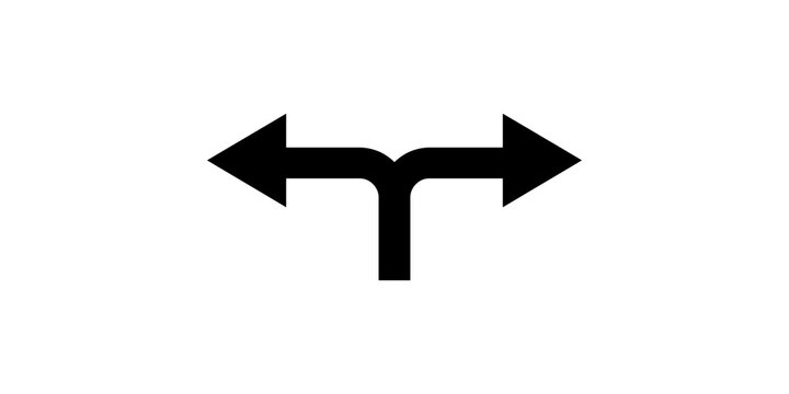 Two-way split arrow sign indicating left or right direction choice for navigation.
