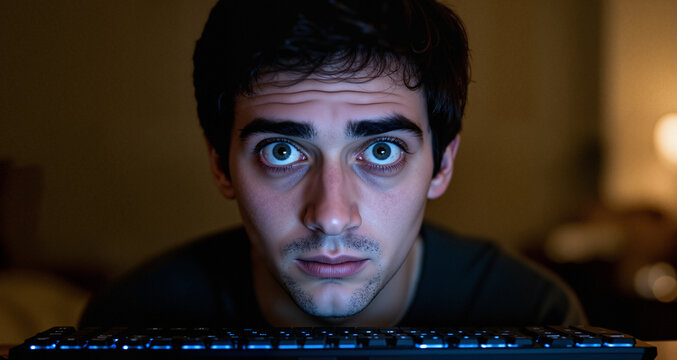 He looks up from the keyboard, his eyes finding the camera with unsettling directness.
