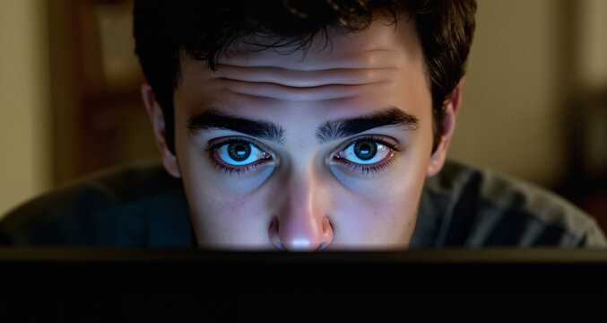 He looks up from the keyboard, his eyes finding the camera with unsettling directness.
