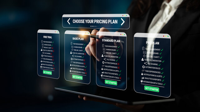 Interactive Pricing Plans Display on Digital Screen with User Choosing Options for Subscription Services and Features Selection Quark.