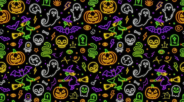 Neon Halloween pattern with witch on broomstick