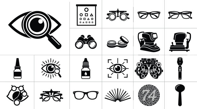 Ophthalmology and optometry eye care glyph icons set with vision test equipment and eyeglasses symbols