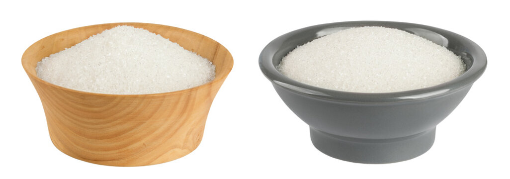 White sugar in wooden bowl isolated on white background.