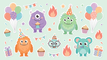Fototapeta premium Adorable colorful birthday monsters vector illustration set featuring festive balloons, party cupcakes, gift boxes, and celebration confetti design graphic elements