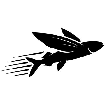 Flying fish silhouette graphic element. Black fast swimming exocoetidae with speed lines isolated on transparent background