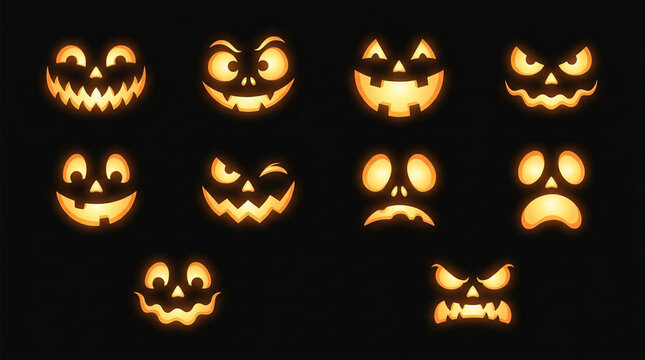 Glowing jack o lantern faces in the dark night