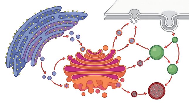 Endomembrane system workflow showing rough endoplasmic reticulum and golgi apparatus trafficking
