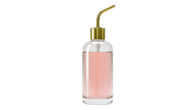 Glass dispenser bottle with pink liquid and gold pump with pump action on transparent background