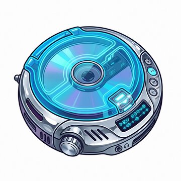 Glossy chrome portable music player with translucent blue lid in a retro-futuristic vector style.