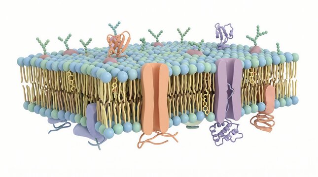 3D render of lipid bilayer cell membrane with embedded transmembrane proteins and receptors