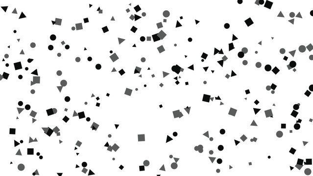 Black and gray geometric shapes scattered on a white background