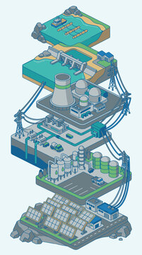Sleek Isometric of Modern Industrial Complex with Nuclear Chemical and Utility Infrastructure with high quality professional line art symbols for modern creative design and digital branding projects