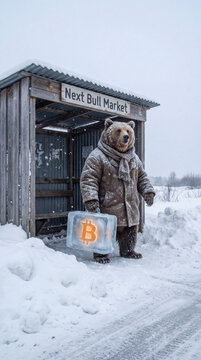 Bitcoin concept. Bear in Winter Coat Holding Bitcoin Briefcase in Winter at Bus Stop with Next Bull Market Sign. Image made using Generative AI