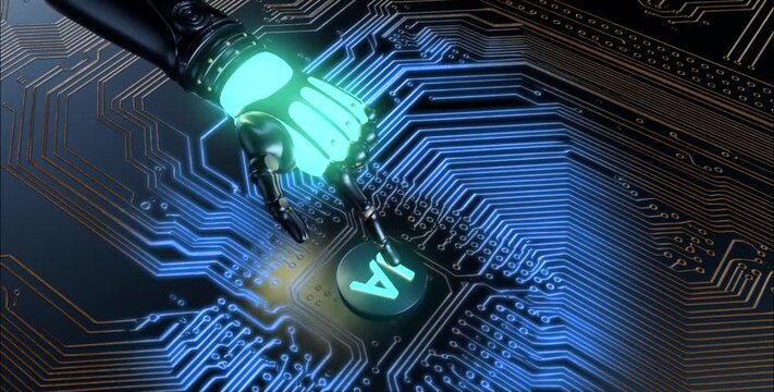 3D illustration of a robotic hand activating an AI symbol on a glowing electronic circuit board, representing artificial intelligence, automation and advanced technology.