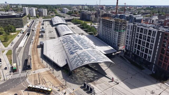 Aerial view of Lodz Fabryczna railway station building, Poland