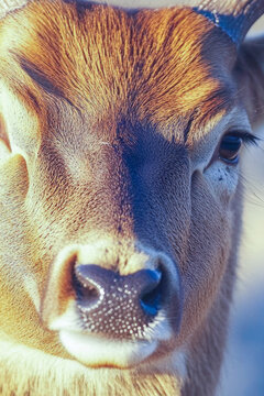 A deer looks directly at the camera in this close-up shot. vertical frame