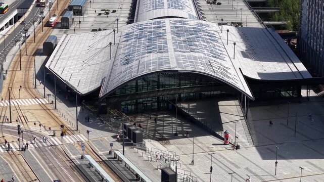 Flight over main entrance of Lodz Fabryczna station, Poland