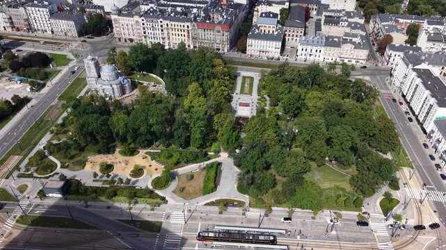 Aerial shot of Alexander Nevsky Cathedral and Moniuszki Park in Lodz, Poland