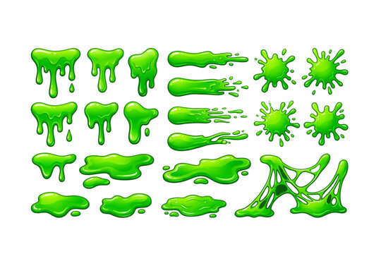 Green slime vector graphics set with drips and splatters