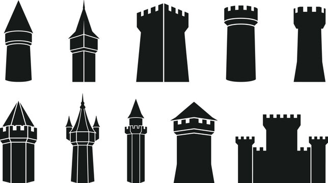 Medieval castle towers vector set silhouette collection of historical fortress walls, turrets, and keeps
