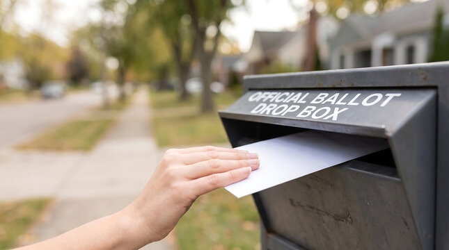 Hand placing a white envelope into an official ballot drop box on a residential street with houses and trees in the background during autumn